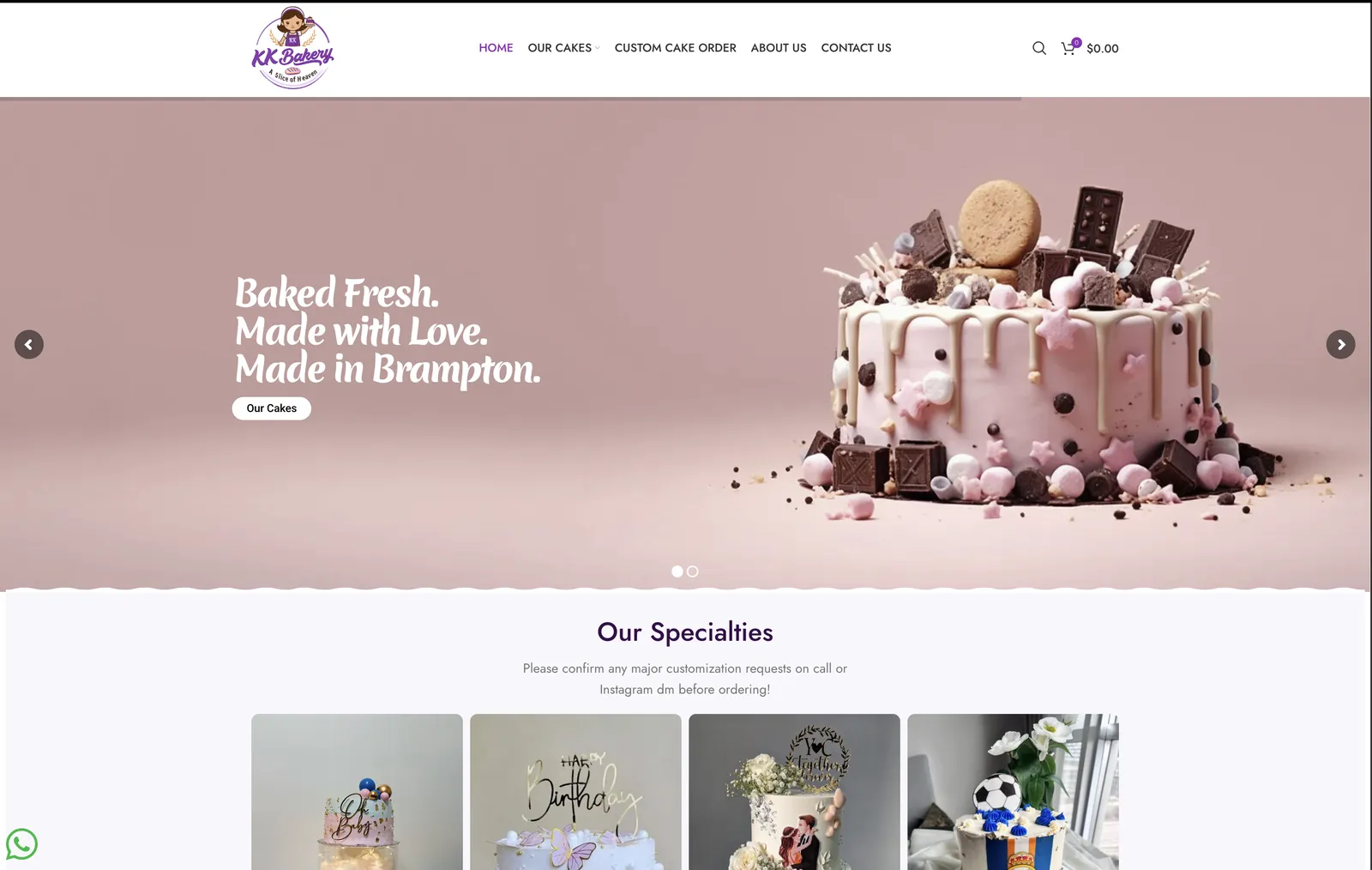 KK Bakery Store website homepage