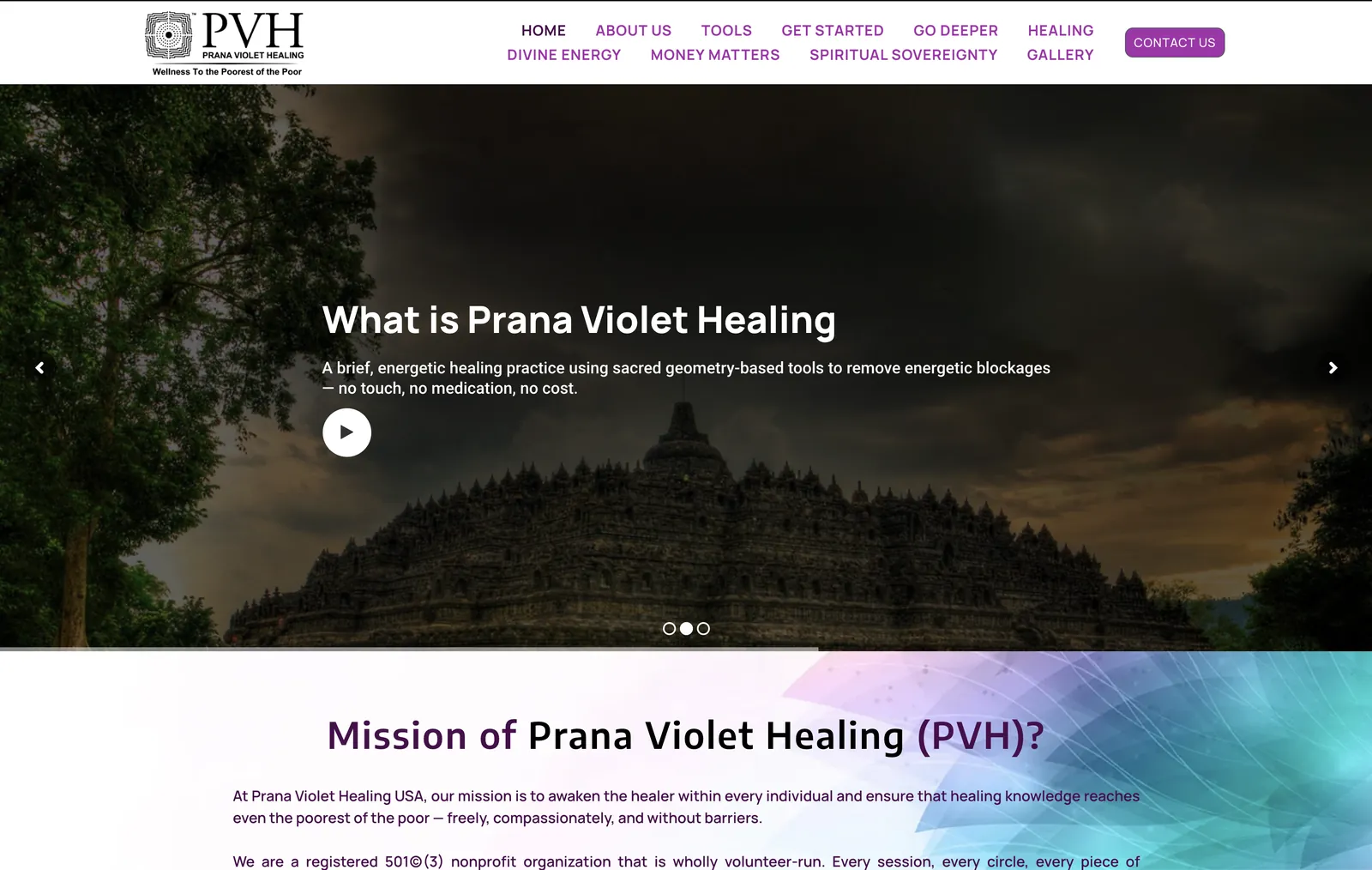Prana Violet Healing USA website homepage