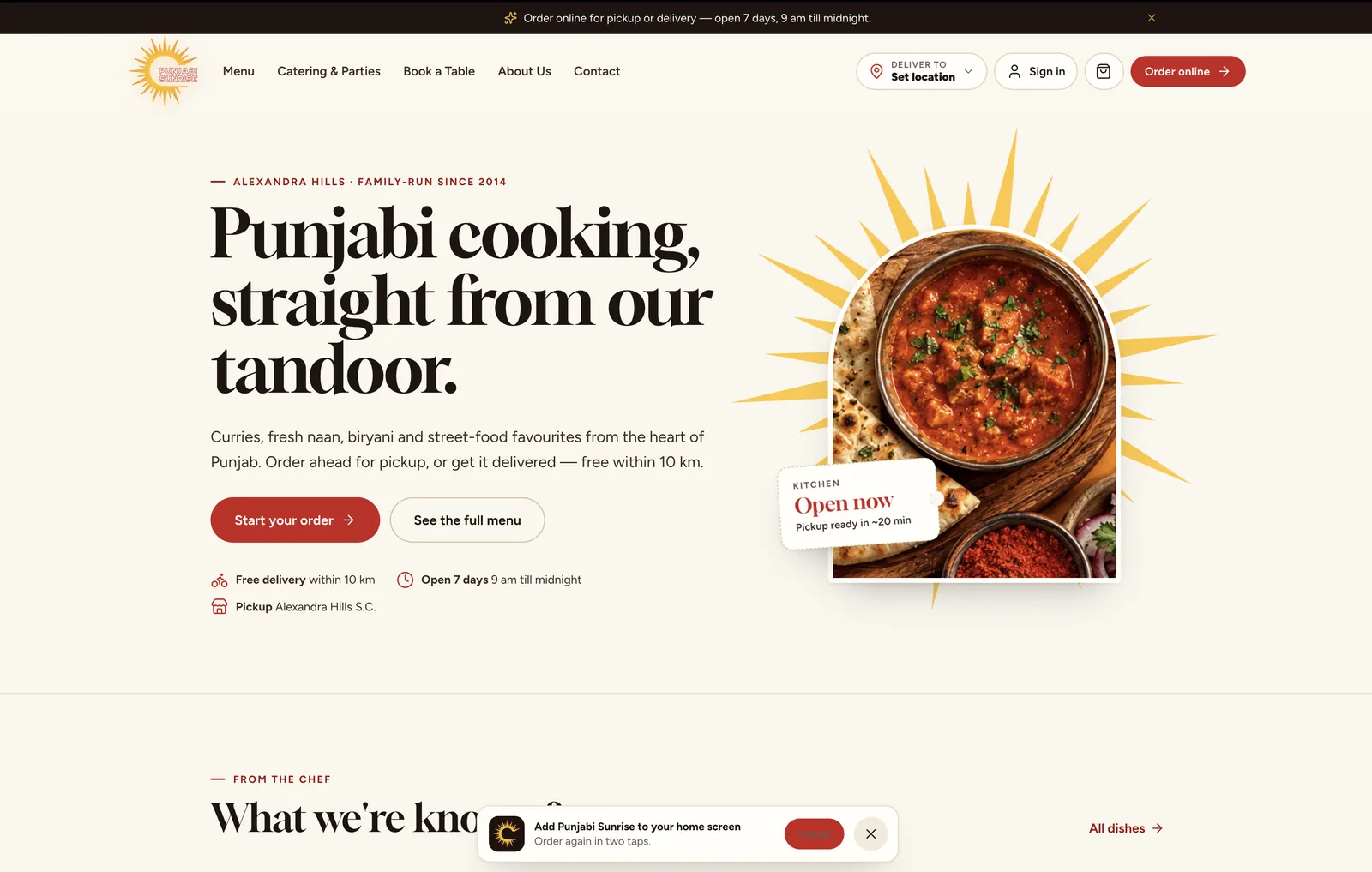 Punjabi Sunrise Restaurant website homepage